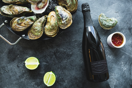 Sour cream drink Flat lay. Top view. Food backgroundの写真素材