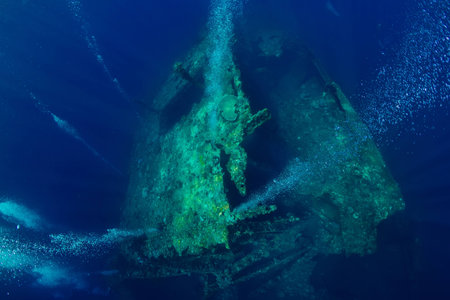 Beautiful underwater world with bubbles at USS Liberty shipwreck