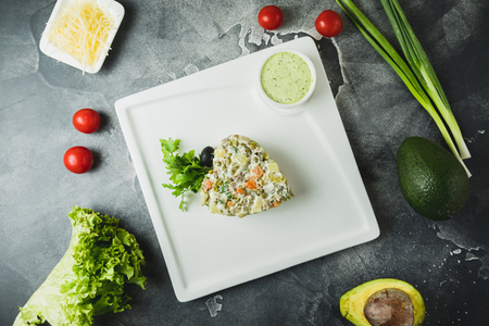 Salad with fresh vegetables. Tasty homemade food. Flat lay, top viewの写真素材