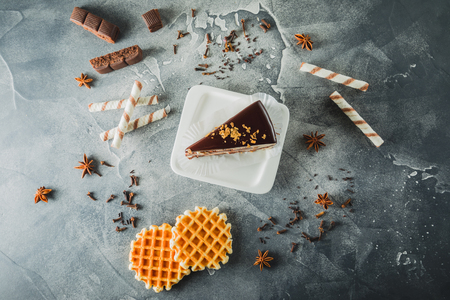 Chocolate cake with cookies and chocolate, sweet dessertの写真素材