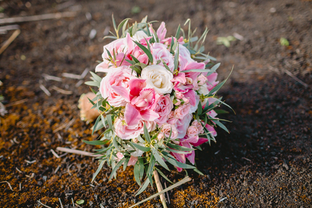 Wedding bouquet made of white and pink flowers. Beautiful bridal floristic.の写真素材