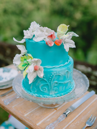 Wedding turquoise cake with sugar flowers. Wedding banquetの写真素材