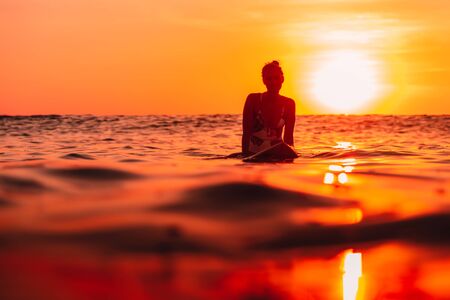 Attractive surfer woman on a surfboard in ocean. Surfgirl at sunsetの写真素材
