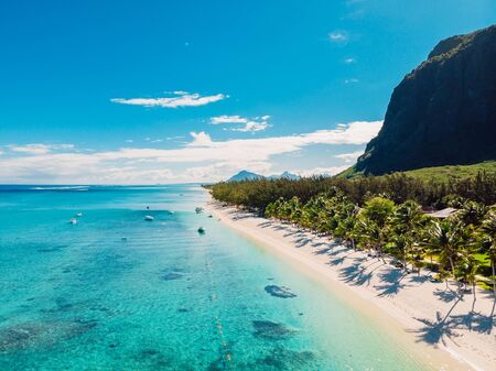 Luxury beach with mountain in Mauritius. Sandy beach with palms and blue ocean. Aerial viewの写真素材