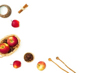 Food composition with apple, sugar, cinnamon and acorns on white background. Flat lay, top viewの写真素材
