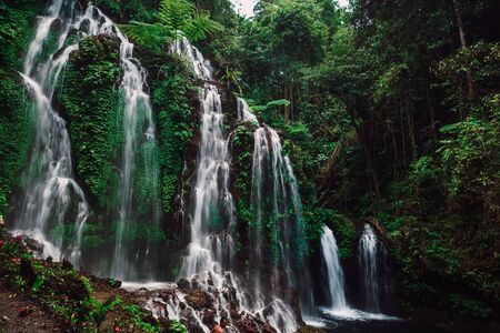 Amazing cascade waterfall in a tropical jungle in Baliの写真素材