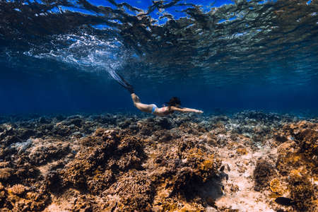 Woman freediver glides underwater in ocean. Freediving with finsの写真素材