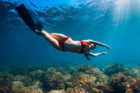 Slim woman in bikini glides at blue sea with sun rays. Freediving with fins underwater in seaの写真素材