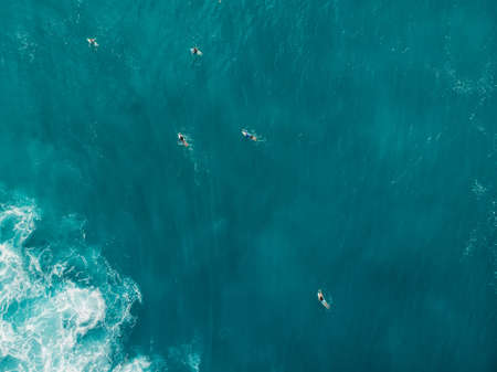 Aerial view of a surfers in blue ocean with waves. Top view