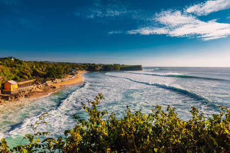 Balangan beach at Bali with big waves in ocean. Perfect waves for surfing and popular beachの写真素材