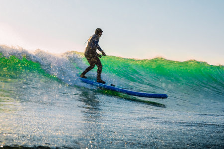 December 8, 2020. Anapa, Russia. Stand Up Paddle surfing on waves. Surfer in wetsuit with paddle ride on sea waveのeditorial素材