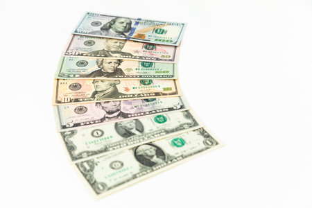 US dollars. 1, 2, 5, 10, 20, 50 and 100 dollar bills.