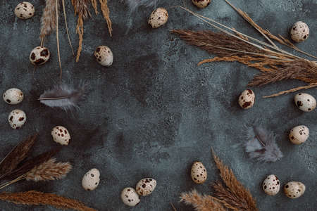 Stylish frame with Easter eggs with reeds foliage branches on dark background. Flat lay, Top view. Easter holiday concept.の写真素材