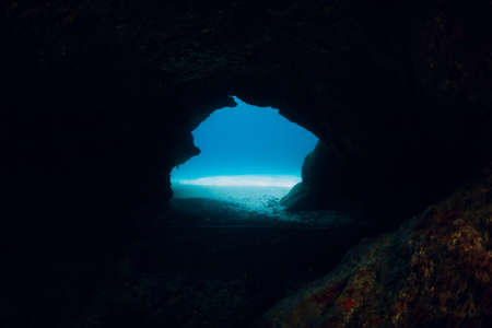 Underwater scene with rocky cave in blue oceanの写真素材