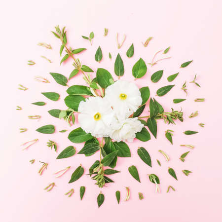 Floral composition with white spring flowers and leaves on pink background. Flat layの写真素材