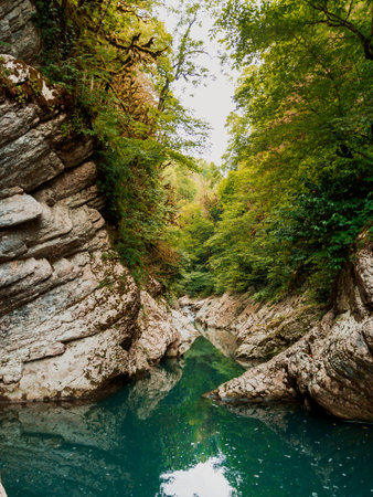 Blue river in canyon with rocks and treesの写真素材