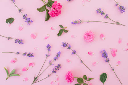 Floral pattern made of pink roses and lavender flowers isolated on pink background. Flat lay, Top viewの写真素材
