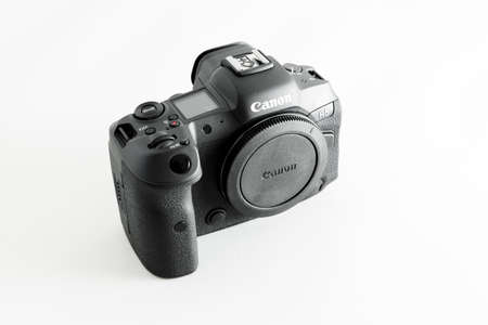 August 20, 2021. Anapa, Russia. Top mirrorless camera Canon R5 on white backgroundのeditorial素材