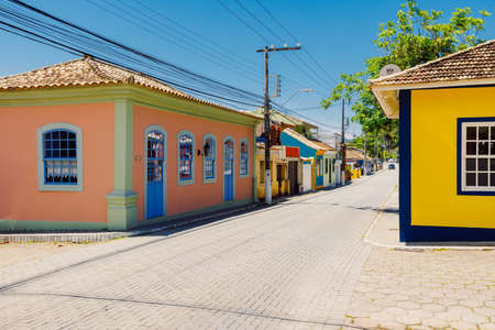 January 19, 2022. Florianopolis, Brazil. Street with old colorful houses in Ribeirao da Ilha