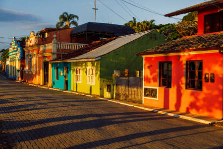 January 19, 2022. Florianopolis, Brazil. Street with old colorful houses in Ribeirao da Ilhaのeditorial素材