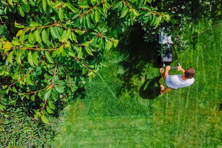 Gardener pushing lawn mower for cutting green grass in garden at summer. aerial view.
