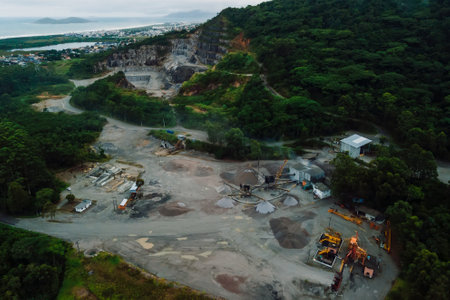 Quarry and mountain in Campeche, Florianopolis. Aerial view of industrial landscape
