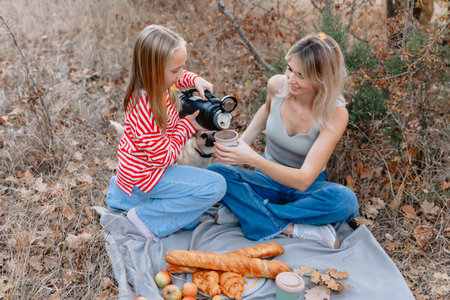 Beautiful smiling mother with teenager daughter enjoying on a picnic outdoor. Stylish hipster family in parkの写真素材