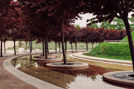 City park with modern design and trees with red foliage and an artificial pond