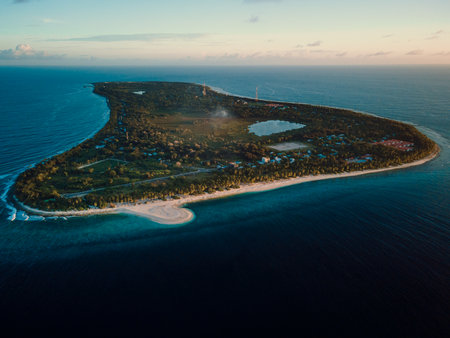 Drone panoramic view of Fuvahmulah in Maldives with ocean and tropical beachの写真素材