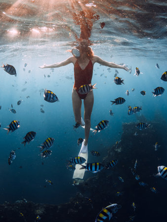 Woman free diver swims in blue sea with a lot of tropical fish in Bali.の写真素材