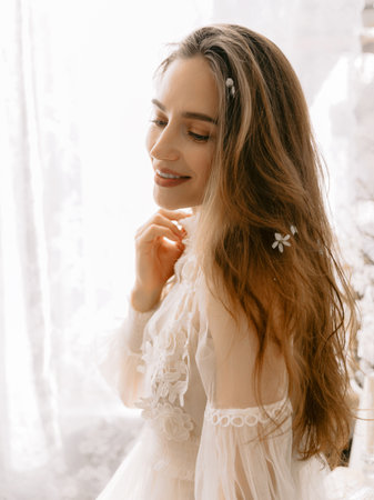 Cheerful beauty woman wearing vintage style pastel dress. Smiling young modelの写真素材