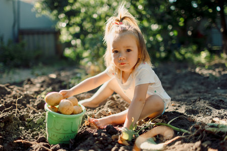 Little child girl helps dig and puts potatoes in a bucket, outdoor in the gardenの写真素材