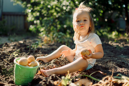Caucasian child girl with fresh potatoes outdoor in the gardenの写真素材