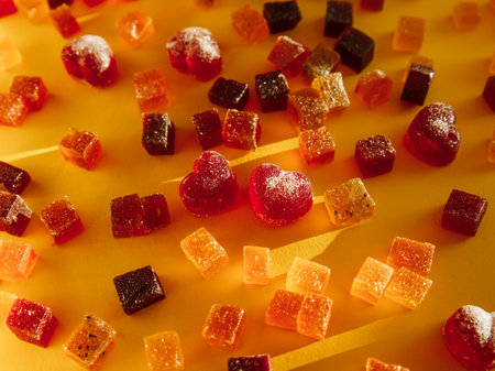 Yummy candied fruit jelly on yellow background