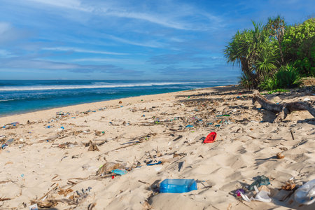 Garbage pollution on ocean beach in Bali island.の写真素材