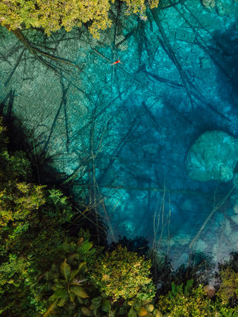 Woman swims in tropical transparent lake with crystal water in Sulawesi, Indonesia. Aerial viewの写真素材