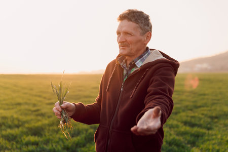 Senior agronomist farmer checking health of vegetable or plant seedling.の写真素材