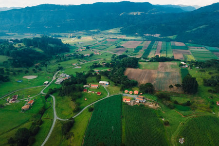 Aerial view of a rural area with mountains in Santa Catarina, Brazilの写真素材