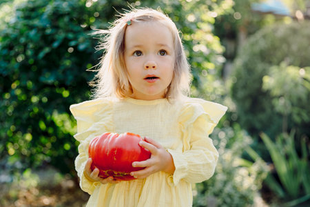 Little child girl holding in hands big fresh vegetable in summer garden.の写真素材