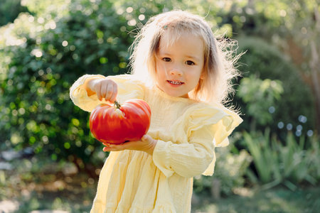 Little child girl holding in hands big fresh tomato in summer garden.の写真素材