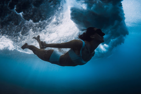 Woman duck dive without surfboard under breaking ocean wave.の写真素材