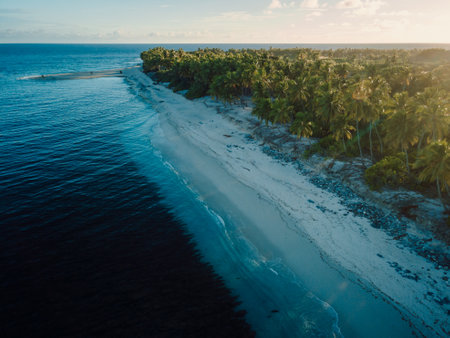 Maldives island with beach and sunrise or sunset tones. Aerial view of ocean coastline on Fuvahmulah islandの写真素材