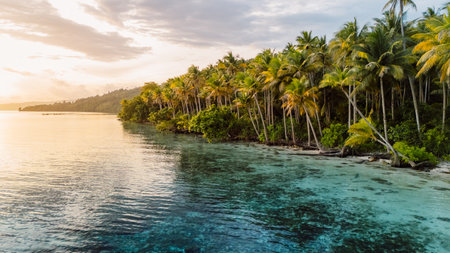 Paradise coastline with coconut palm trees, mountains and sunrise sunshine on scenic island in Indonesia. Remote travel destination.の写真素材
