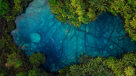 Transparent clear lake with crystal blue fresh water in Indonesia. Aerial viewの写真素材