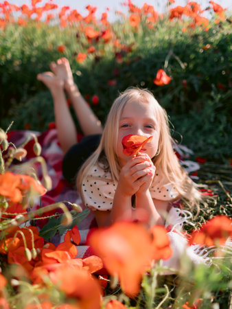 Blonde child girl lying on a plaid in blooming poppy field, summer dayの写真素材