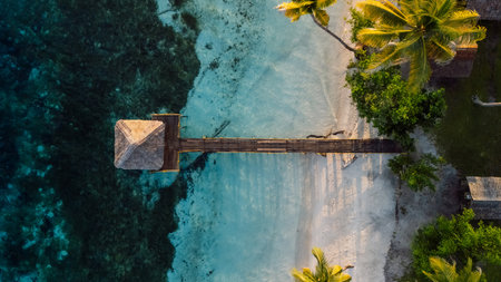 Tropical sandy beach with pier and quiet ocean. Travel destination in Indonesia, top down drone shotの写真素材