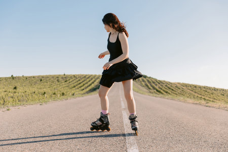 Beautiful brunette young woman rides on roller skatesの写真素材