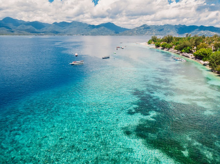 Tropical island with paradise beach and turquoise ocean lagoon. Aerial view.の写真素材