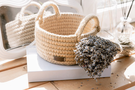 Stylish handmade jute bag, perfect for eco sozy indoor settings with lavender bouquetの写真素材