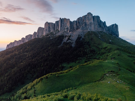 Above view of national park Bolshoy Tkhach mountain in Caucasus with sunset tonesの写真素材